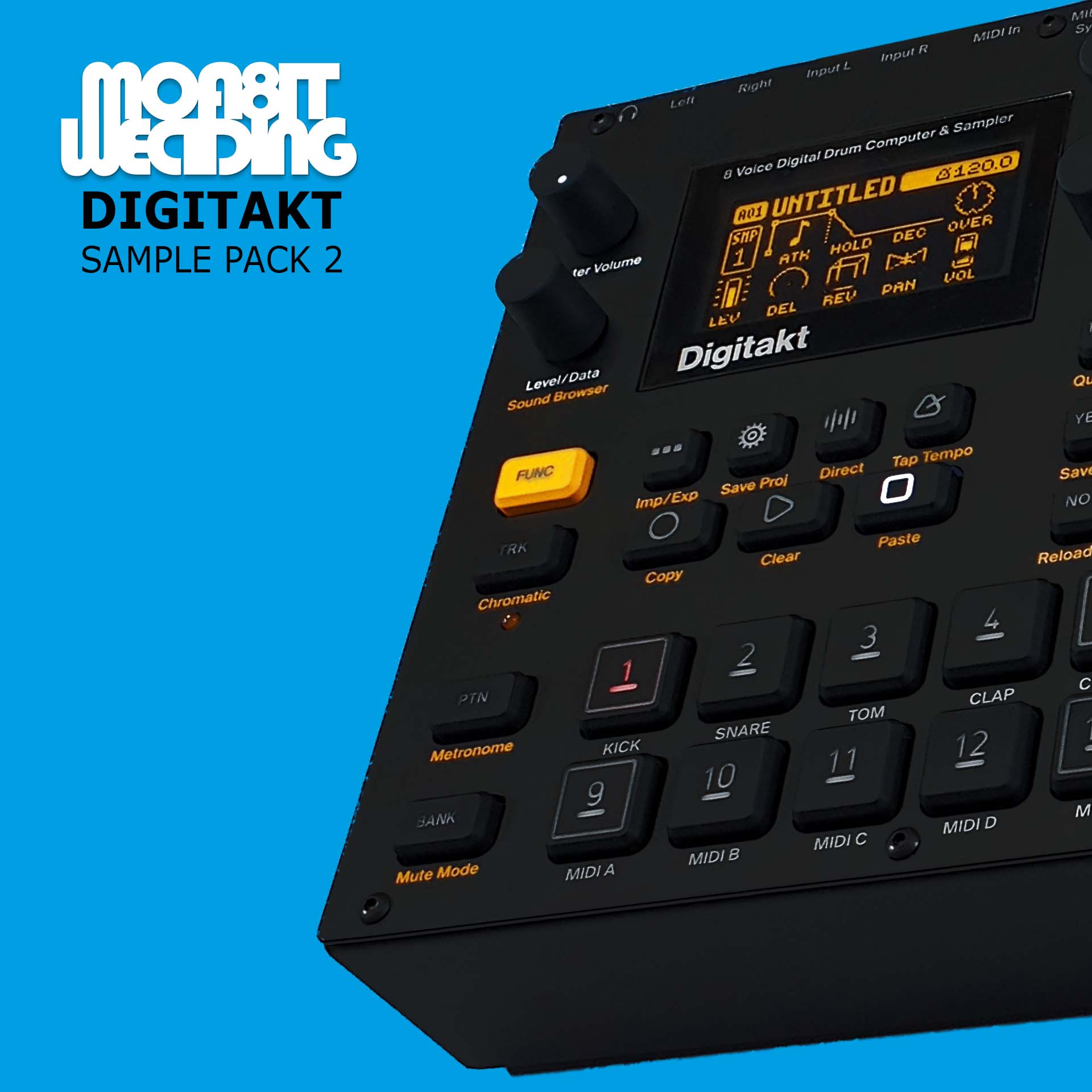 Cover picture of the Elektron Digitakt Sample Pack 2 The ultimate feeling. The picture features the sampler on a blue background.